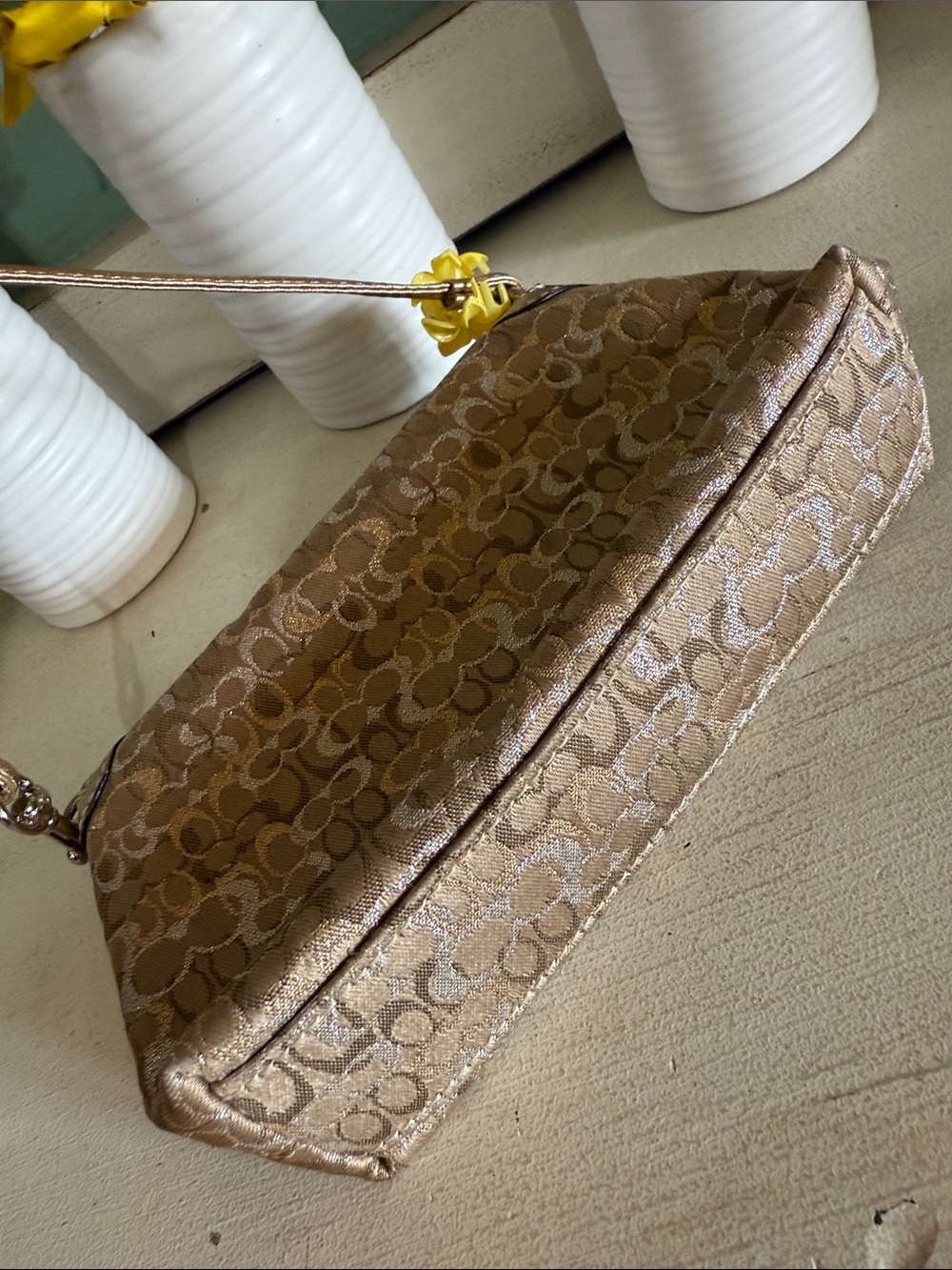 Coach y2k Gold Signature Jacquard Shoulder Bag with Floral Charm - Picture 7 of 14
